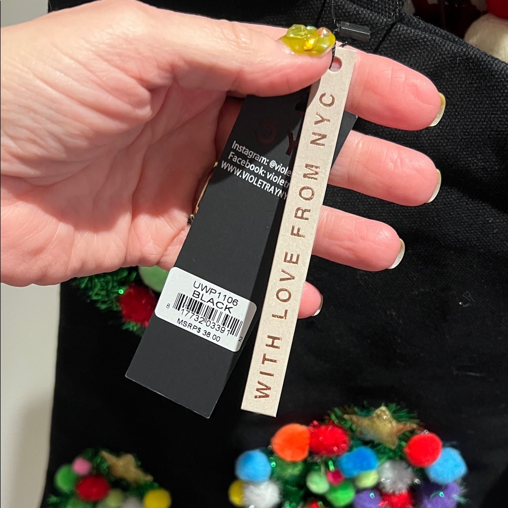 Violet Ray NYC Black Christmas Tote with Colorful Pom-Pom Trees - Picture 6 of 14